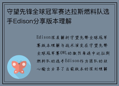 守望先锋全球冠军赛达拉斯燃料队选手Edison分享版本理解