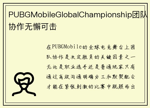 PUBGMobileGlobalChampionship团队协作无懈可击